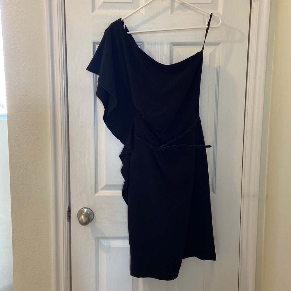 White House Black Market black one sleeve belted dress